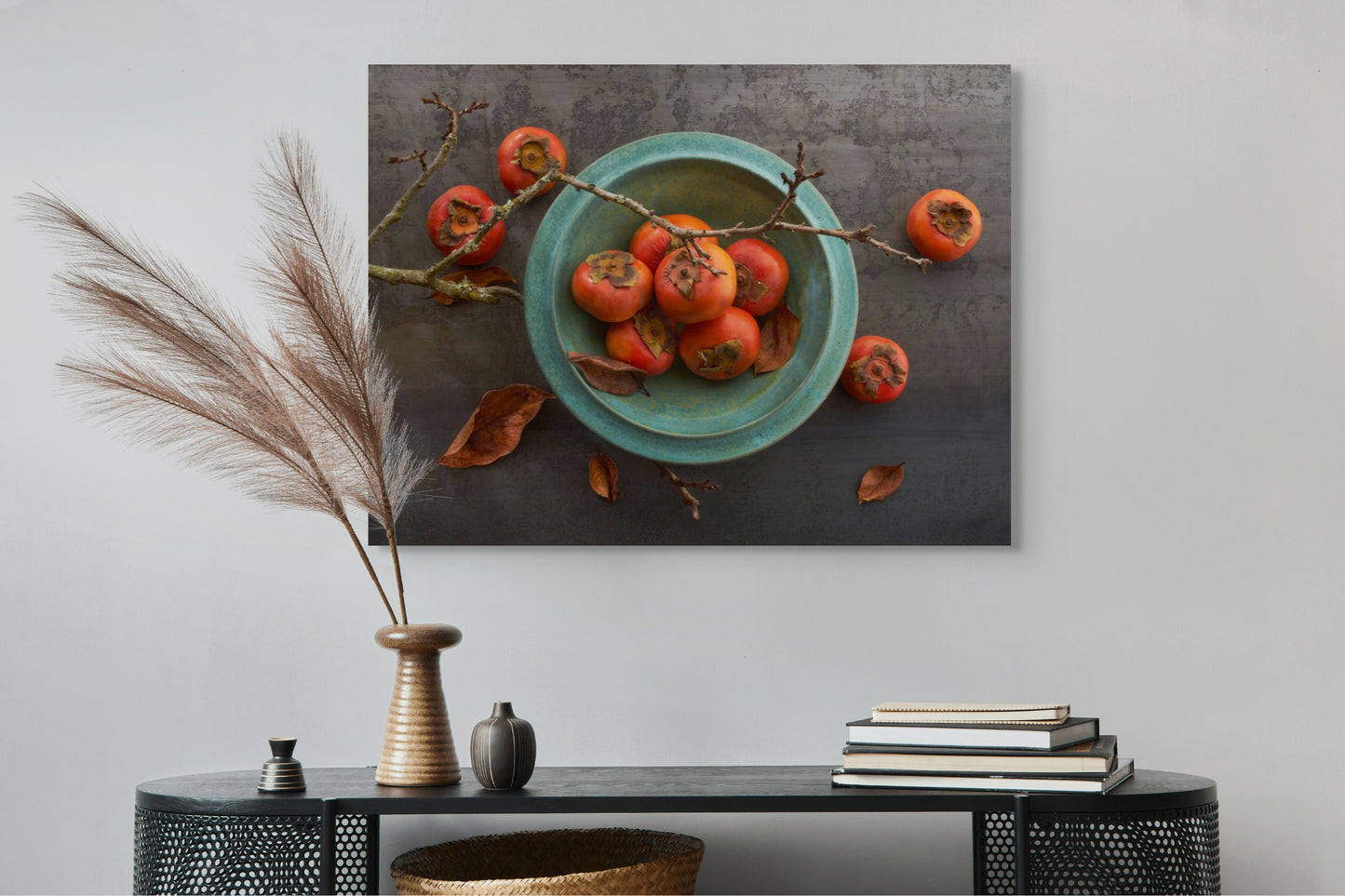 Teal Bowl of Autumn Fuyu Persimmons