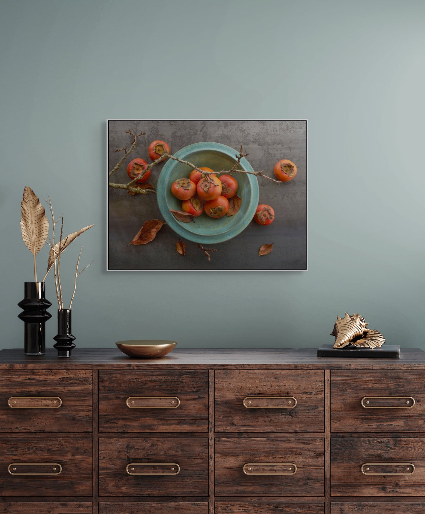 Teal Bowl of Autumn Fuyu Persimmons