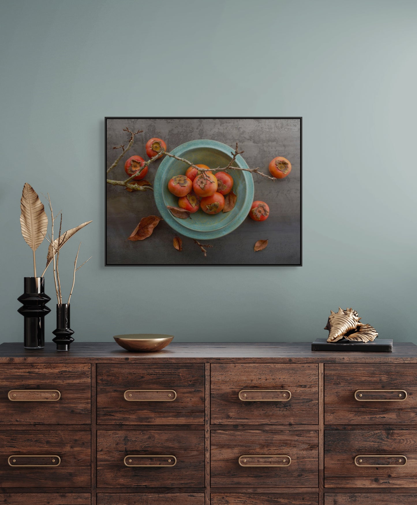 Teal Bowl of Autumn Fuyu Persimmons
